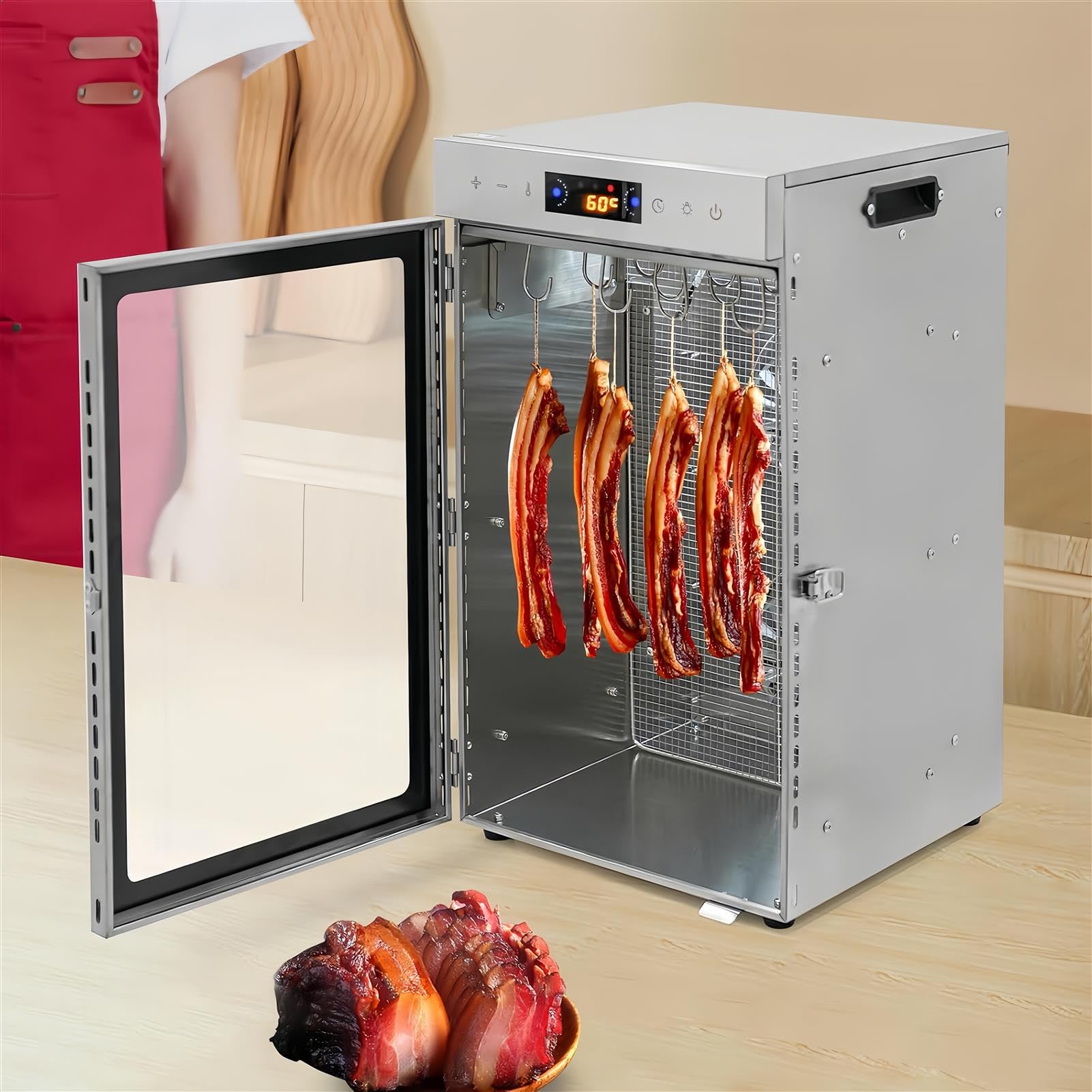 Caja Secadora De Biltong De Acero Inoxidable, Deshidratador De Alimentos Grande De 800 W, con 12 Ganchos para Colgar, para Secar Carne, Verduras Y Frutas