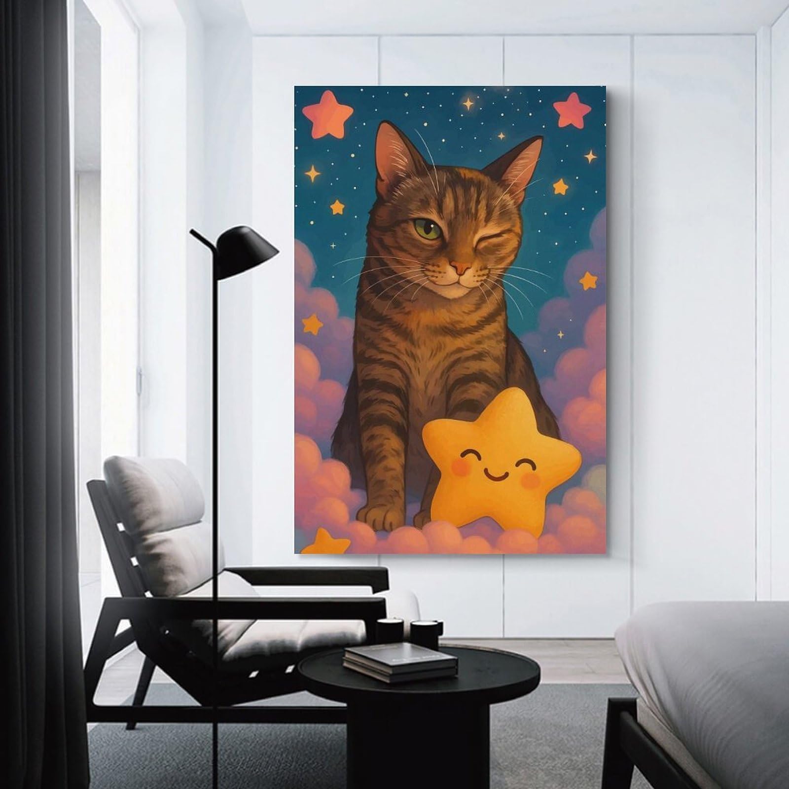 Junmoney Unframe-Style-8 Winking Cat With Starry Night Decorative Wall Artwork 24X36inch(60X90cm), For Corridors, Hallways Or Apartment Entries, Home Artwork For First Impressions
