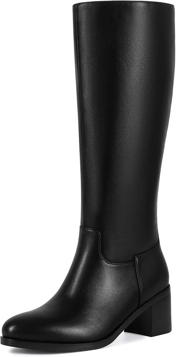 Boots for Women Wide Calf Boots Knee High Boots Women with Pointed Toe Almond Toe Chunky Block Heel Boot