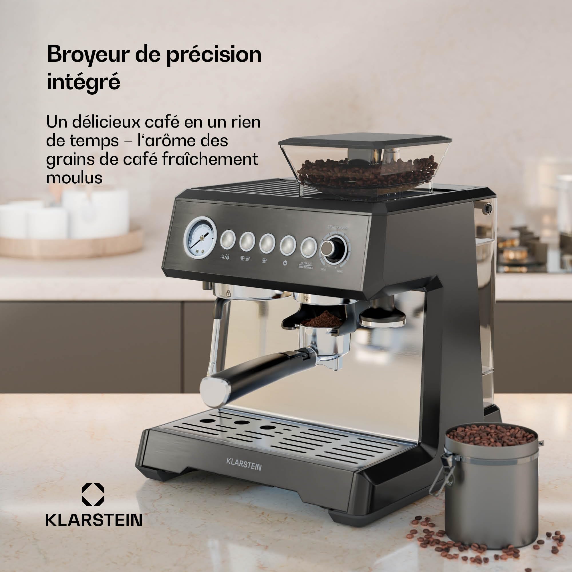 KLARSTEIN GrandPresso Machine à Café Grain – 20 Bars, 1350W, Moulin Intégré, Buse Vapeur, Réservoir 2.3L, Noir, Cafetière à Grain avec Broyeur, Design Compact, Facile à Nettoyer