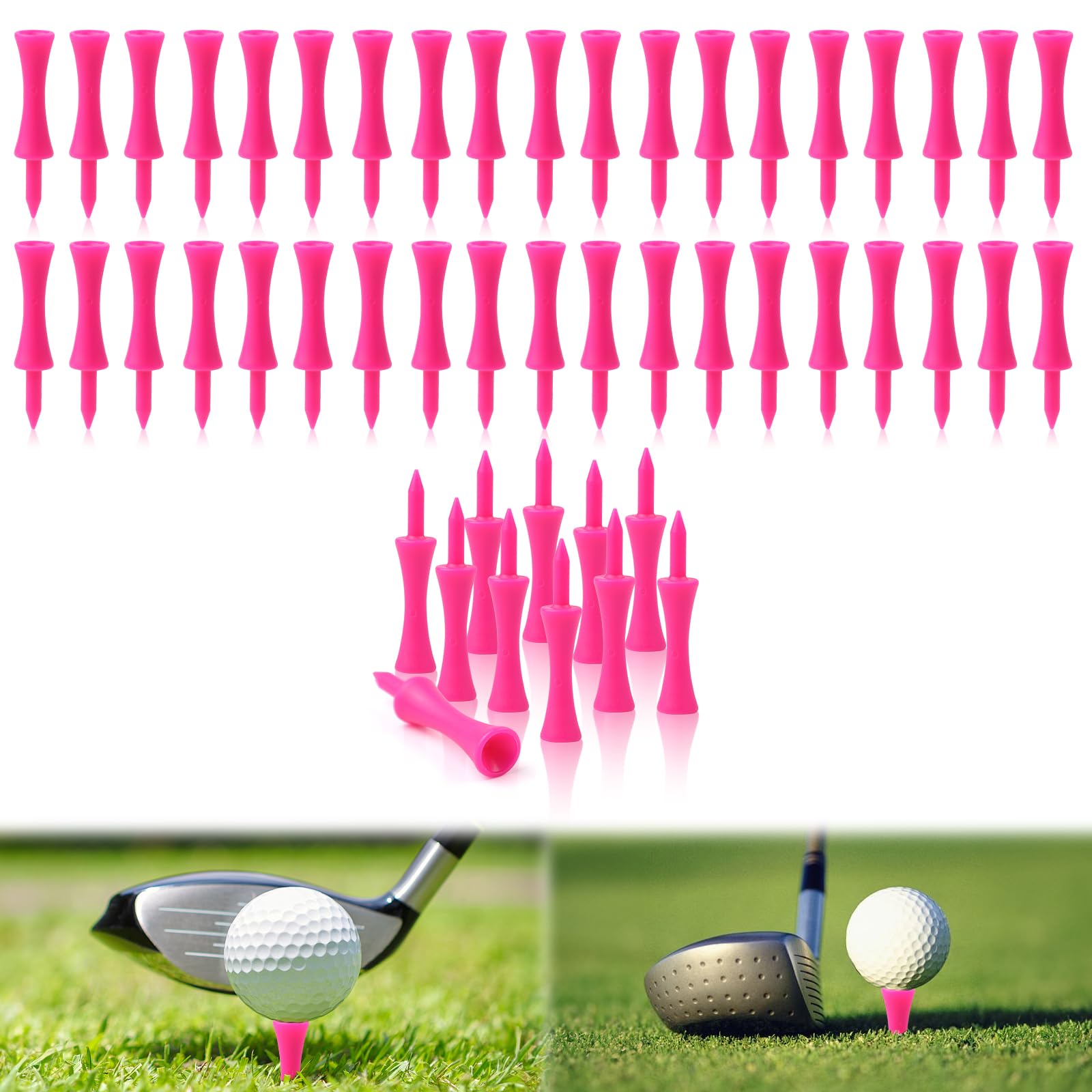 FORETOGO Golf Tees Plastic,100pcs Pink Castle Golf Tees 57mm Portable Castle Tees Reusable Golf Ball Accessories for Training, Practice and Course Use
