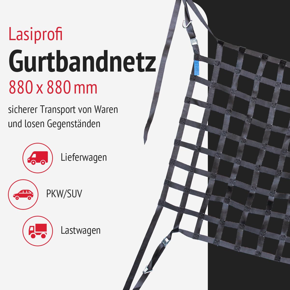 PKW Ladungssicherungsnetz aus Gurtband | Praktisches Gepäcknetz für das Auto | Ideal für sicheren Transport | Größe: 880x880mm | Farbe: schwarz