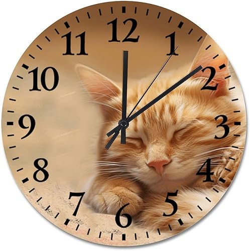 Miniatura 8 de Reloj de pared de gato atigrado naranja dormido de 10 pulgadas, bonito reloj de pared con animales, funciona con pilas, sin tictac, reloj de madera