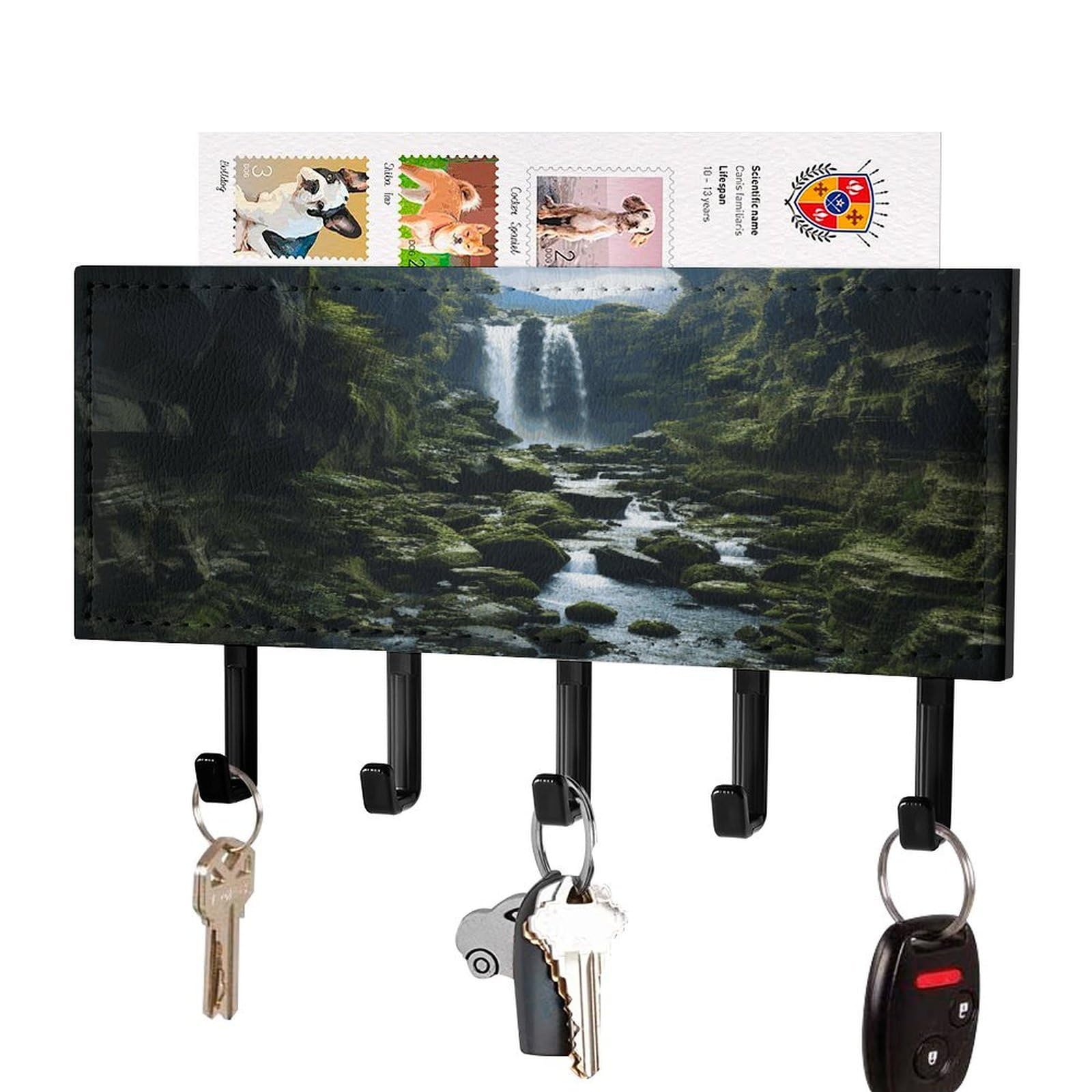 LDGSUPH Waterfall Cliff Key Holder Wall Mount Key Hanger with 5 Hooks Fashion Key Organizer Rack Hanging Key Hooks with Mail Organizer Key Rack for Home Entryway Hallway Black-Style