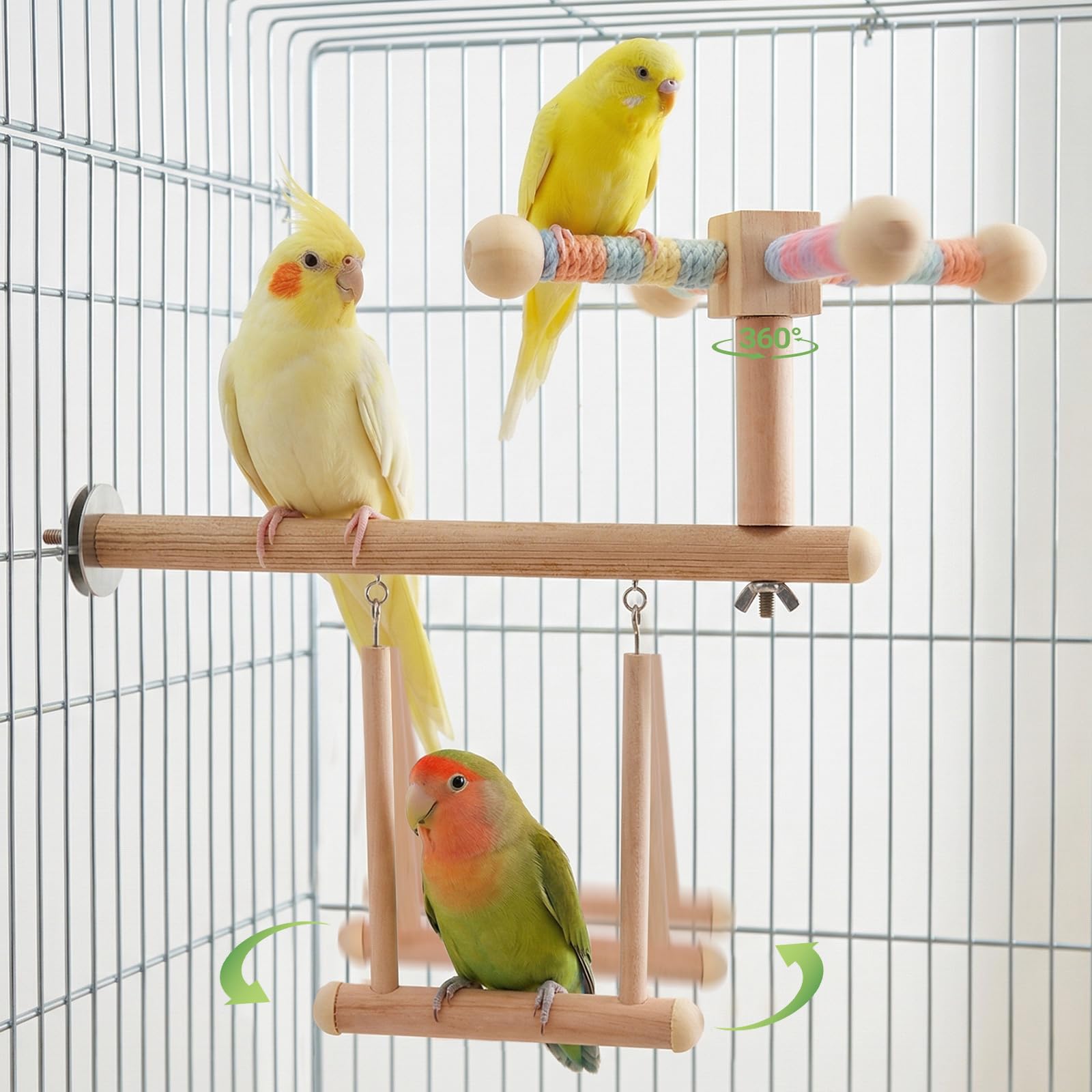 Bird Perch Toy Parrot 360° Rotating Stand Perch Parrot Swing Chewing Toys Bird Cage Toys Wooden Interactive Wheel Parakeet Toy for Small and Medium Lovebirds Conures Finches Budgies