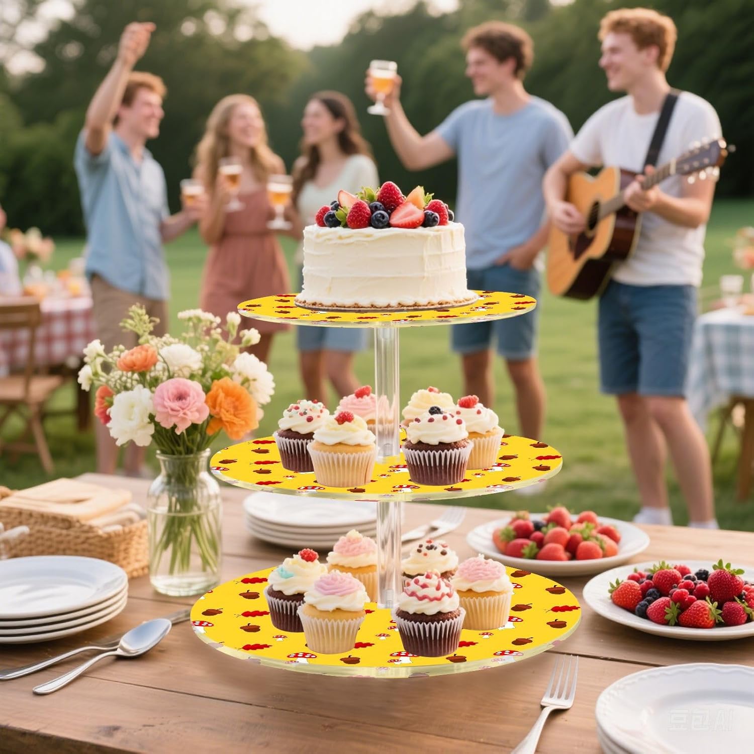 Autumn Fall Mushroom Acorn Thanksgiving 3 Tier Acrylic Cupcake Stand, Cupcake Stand for 34 Cupcakes for Weddings, Christmas,Holidays,Parties,Birthday,Printed Cupcake Tower 23302022