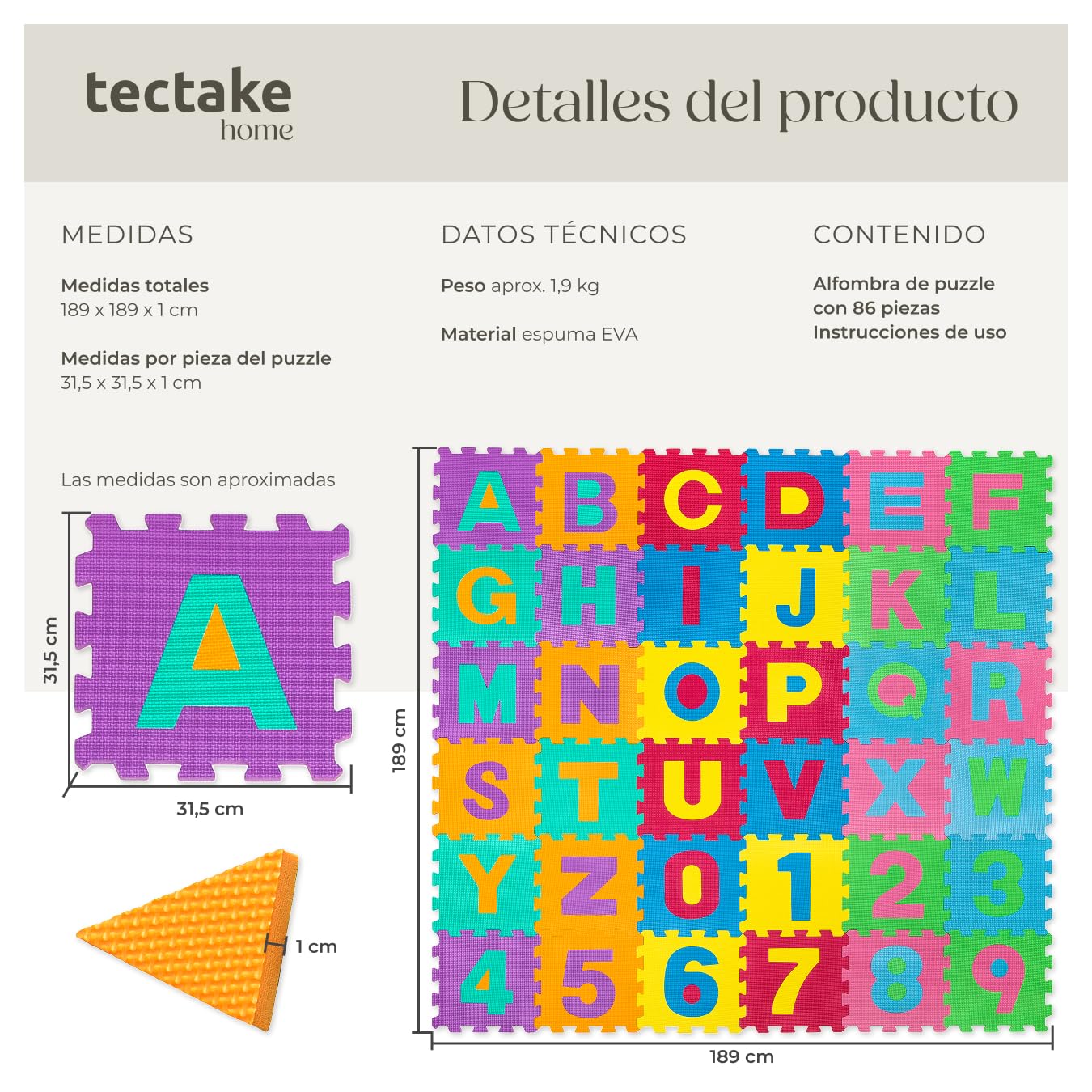 tectake® Alfombra Puzzle Bebe, Tapete Actividades Bebe, Alfombra Infantil, Goma Eva Resistente, Juguetes Niños 1 Año, Juguetes Niños 2 Años, Suelo Bebes Acolchado, Colchoneta Espuma