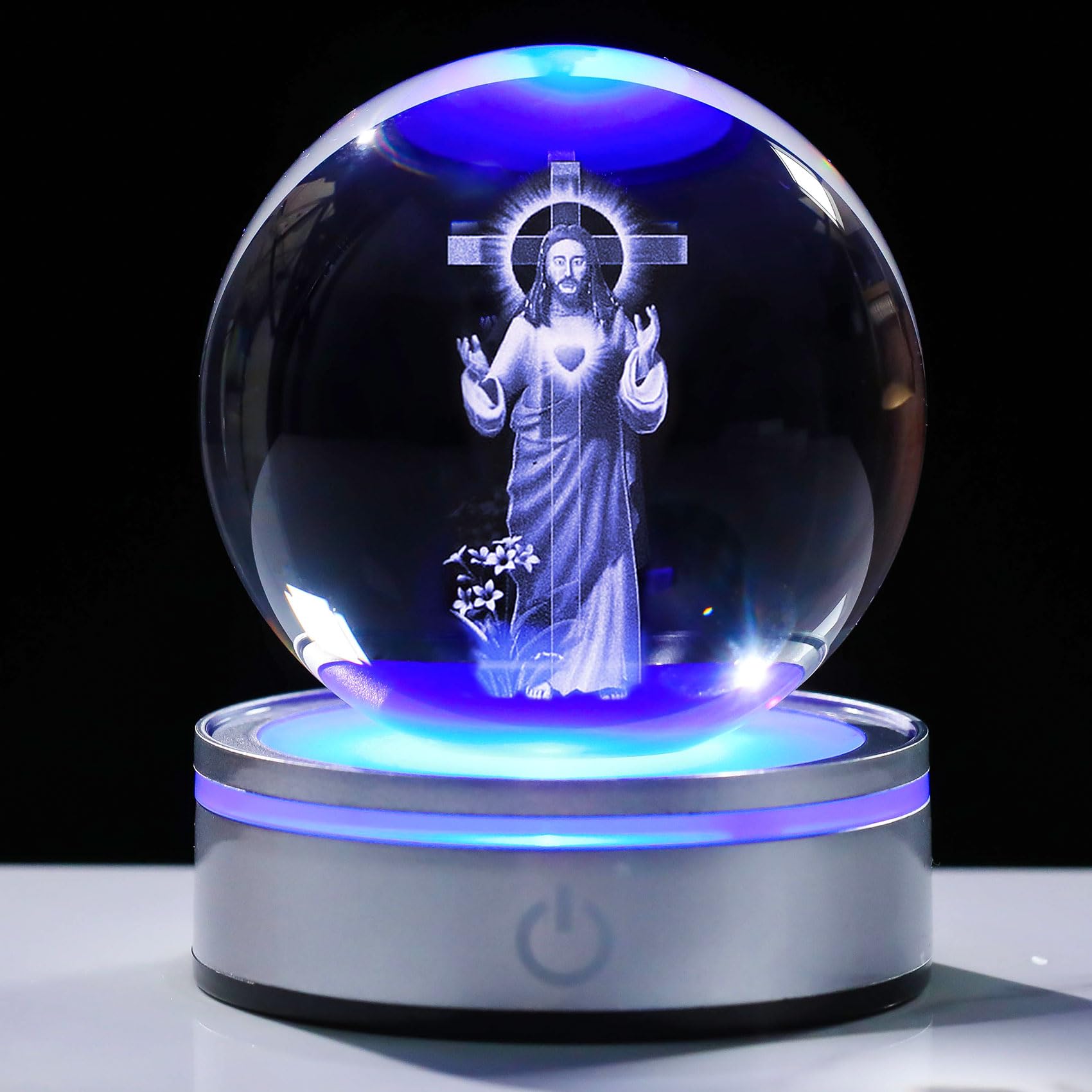 Movdyka 3D Crystal Ball Jesus Statue Religious Gifts for Women Men Christian, Laser Engrave Sacred Heart of Jesus Christ Cross Figurine with Night