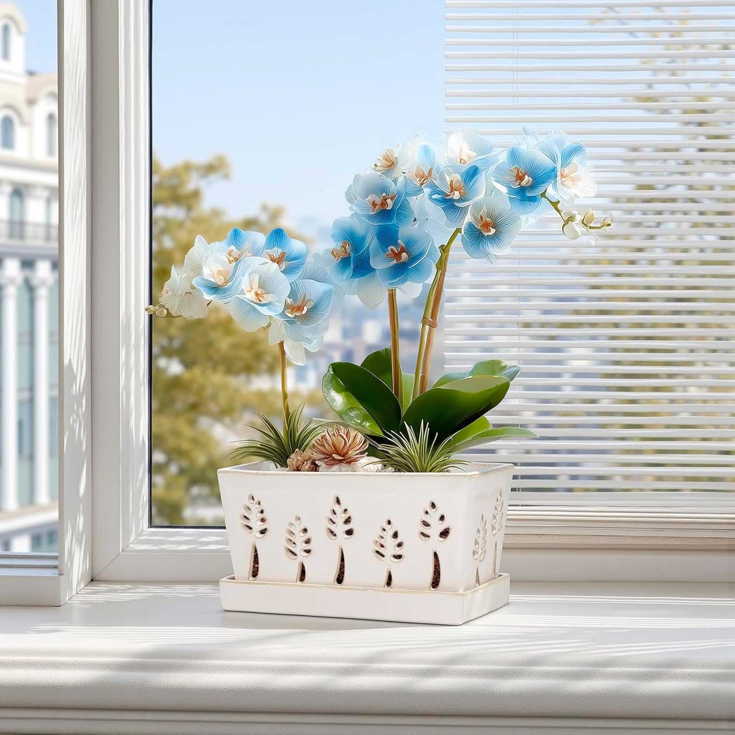 BUYMAX 10 Inch Rectangle Ceramic Orchid Pots with Holes, Heavy Duty Handmade Ceramic Plant Pot with Drainage and Saucer, Accommodate 2 Orchids, Enhance Good Ventilation White