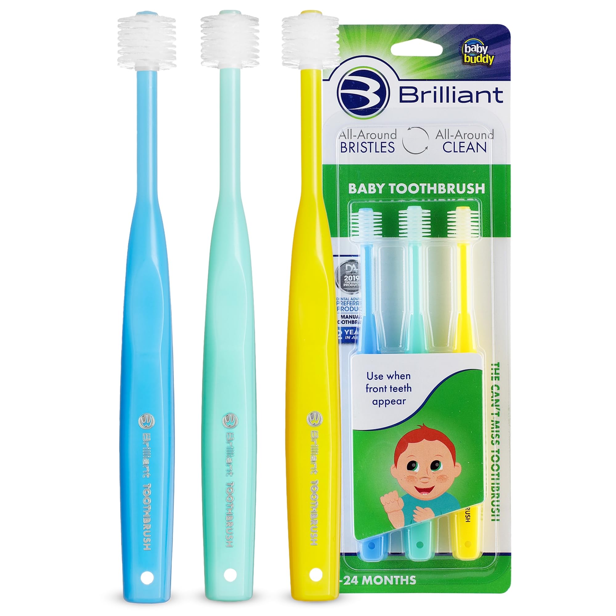 Brilliant Baby Toothbrush from by Baby Buddy- Baby First Toothbrush - Ages 4 Months- 2 Years Old, Round Brush Head with Soft Bristles Clean All-Around Mouth, Blue-Green-Yellow, 3 Count