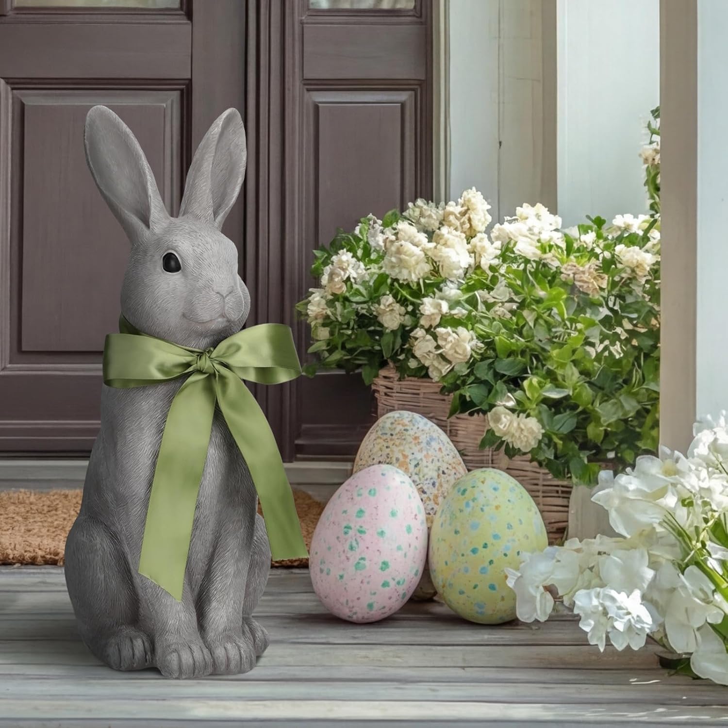 Leinuosen 18 Inches Easter Rabbit Statue Porch Decor Sign Easter Resin Bunny Sculpture Decorative Garden Statues for Outside Patio Yard Front Door Indoor Outdoor Yard Garden Decor Farmhouse Gifts