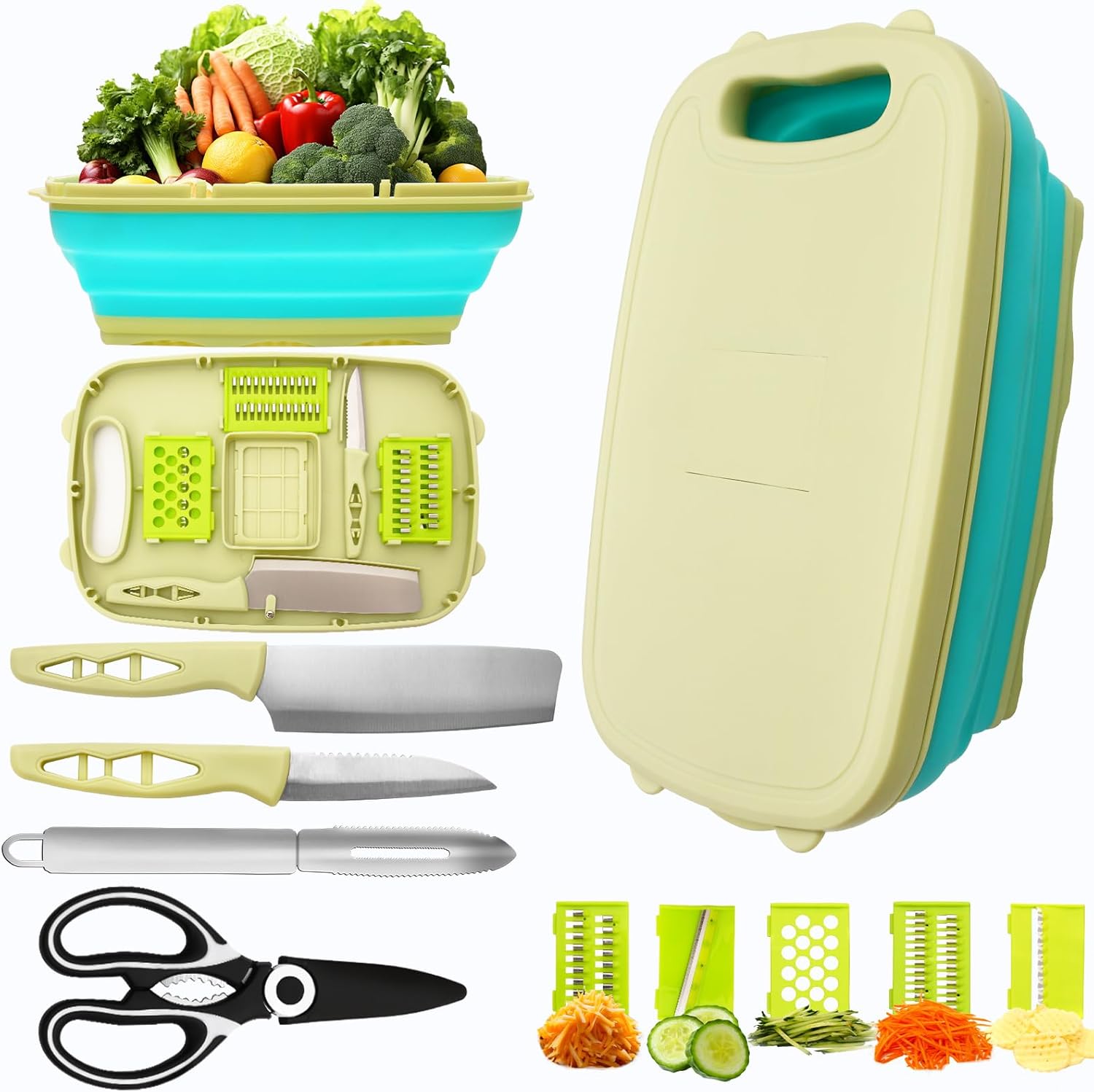 Collapsible Cutting Board with Colander – Kitchen Vegetable Washing Basket, 10-In-1 Chopping Board Set, Camping Essentials for BBQ, RV Campers, Camping (green) Collapsible Cutting Board with Colander – Kitchen Vegetable Washing Basket, 10-In-1 Chopping Board Set, Camping Essentials for BBQ, RV Campers, Camping (green)