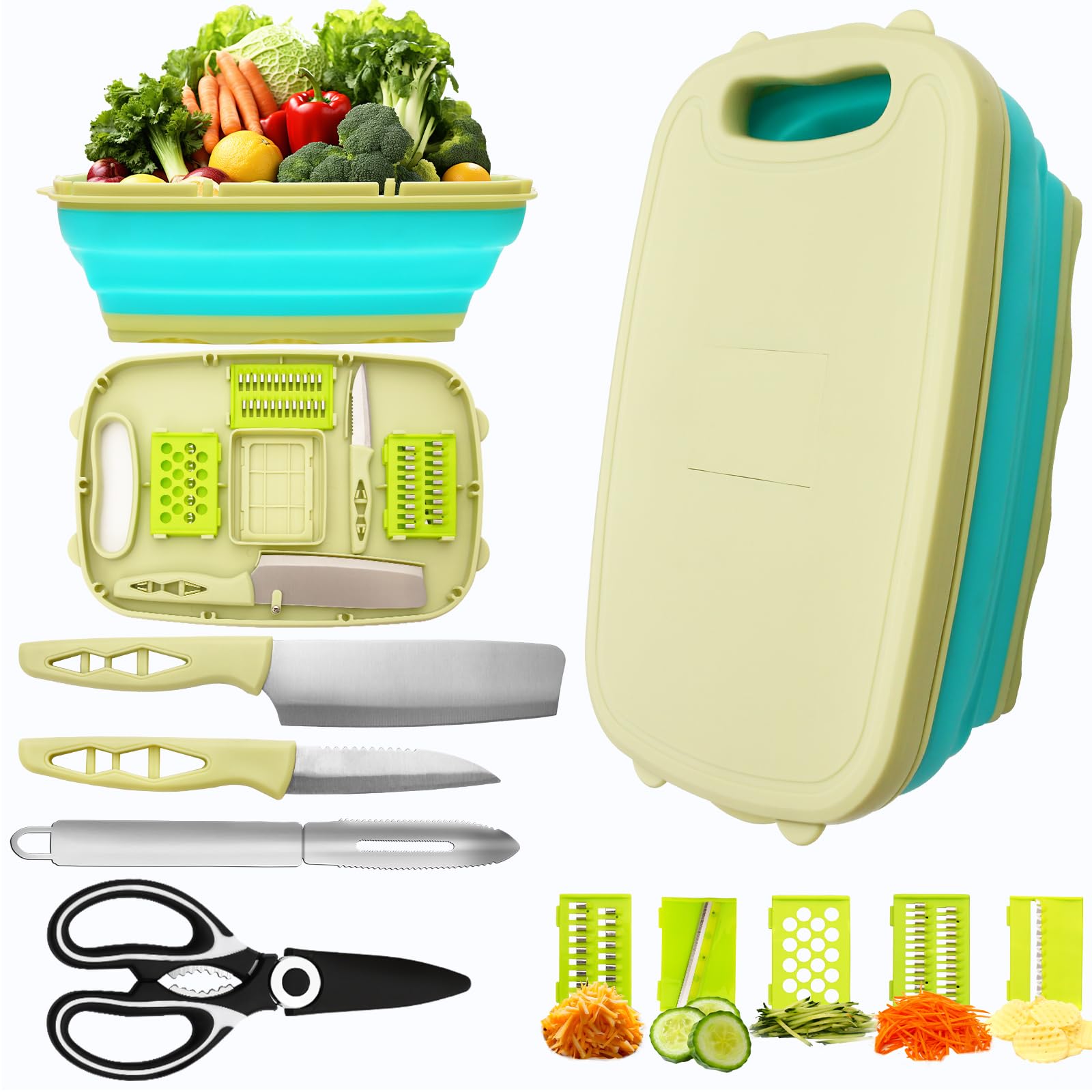 Collapsible Cutting Board with Colander - Kitchen Vegetable Washing Basket, 10-In-1 Chopping Board Set, Camping Essentials for BBQ, RV Campers, Camping (green)