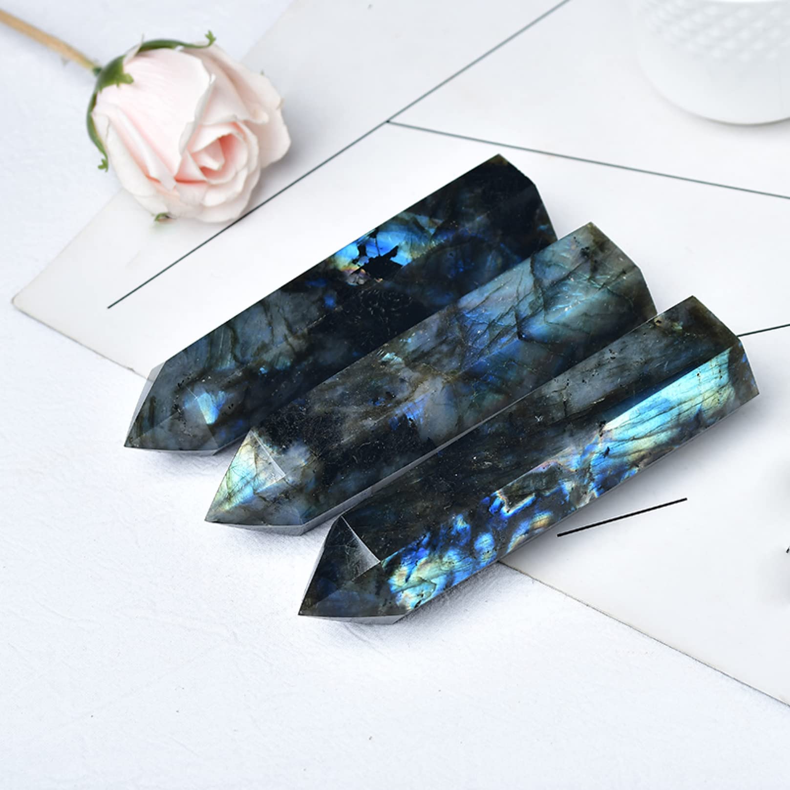 Natural Crystal Labradorite Stone Ornaments Obelisk Quartz Wand Tower Ornament for Home Decor