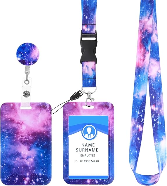 cobee ID Badge Holder with Lanyard, Retractable Starry Sky Badge Holder with Reels and Detachable Badge Lanyards Fashionable Neck Crossbody Lanyard Name Credit Card Protector for Nurse,Teacher(Purple)