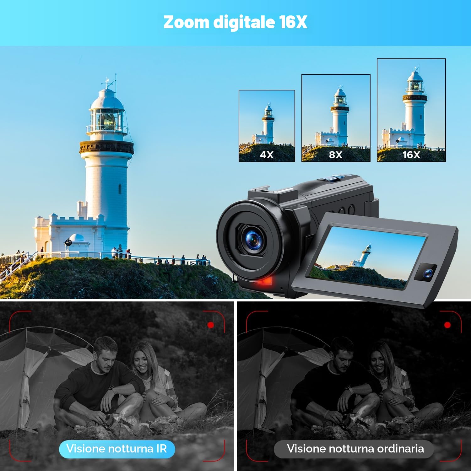 Videocamera Camcorder 5K 56MP Doppio Obiettivo 16X WiFi IR Night Vision Video Camera 3.0" Touchscreen Vlogging Camera per YouTube con 2 Batterie,Scheda 64G,Paraluce,microfono
