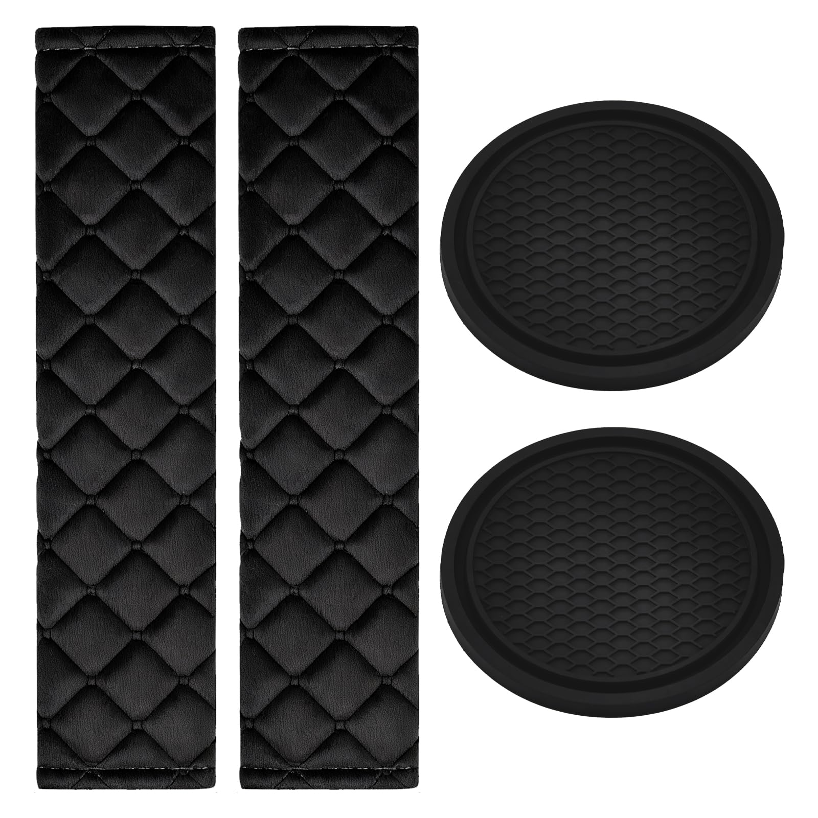 4 Pack Car Seat Belt Shoulder Pads Cushion, Seatbelt Covers, Seat Belt Pads, Cup Coaster with Hook,Loop Strap for Cars, Travel, Commute Comfort Accessories (Black)