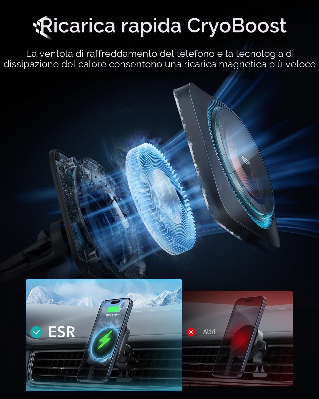 ESR HaloLock Caricatore Wireless per Auto con CryoBoost, Compatibile con iPhone 17/17e/16/15/14/13/12, S26/S25, MagSafe e Le Custodie Magnetiche, Ricarica Veloce, Ventola di Raffreddamento, Nero Opaco