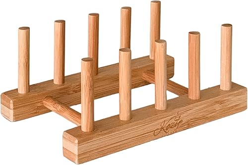 Miniatura 6 de KOZY - Escurridor de platos hecho a mano, soporte para platos de bambú natural, acabado de madera, sostiene platos, tazones, tazas, tazas y tabla de