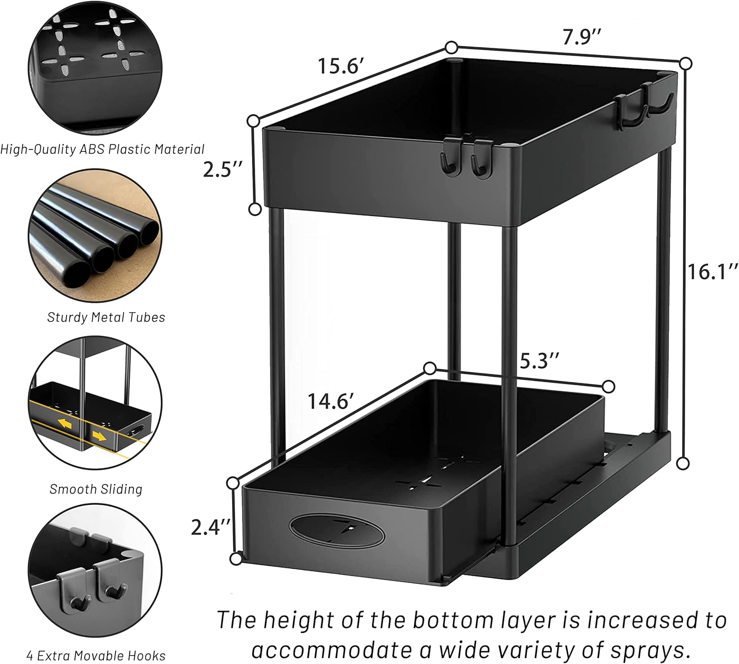 EARTHALL Under Sink Organizers and Storage, Bathroom Organizer Under Sink with Hooks and Bendable Brush, 2 Tier Under Bathroom Cabinet Organizer for Kitchen