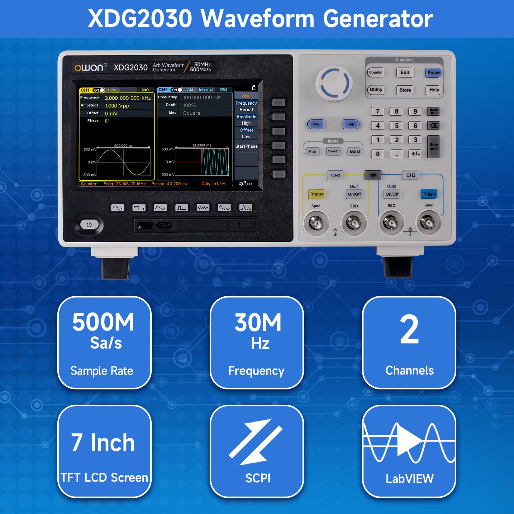 OWON Generator funkcyjny 2 kanałów 30 MHz XDG2030, arbitrary Wave Generator, 14-bitowa rozdzielczość pionowa, częstotliwość próbkowania 500 MSA/s, generator sygnału z 7-calowym ekranem TFT LCD,