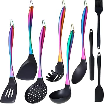 Silicone Cooking Utensils Set, 9Pcs Kitchen Utensil Set with Stainless Steel Handle, Heat-Resistant Silicone Utensils for Cooking, Non-Stick Spatula Set with Spoons, Turners, Ladle Rainbow