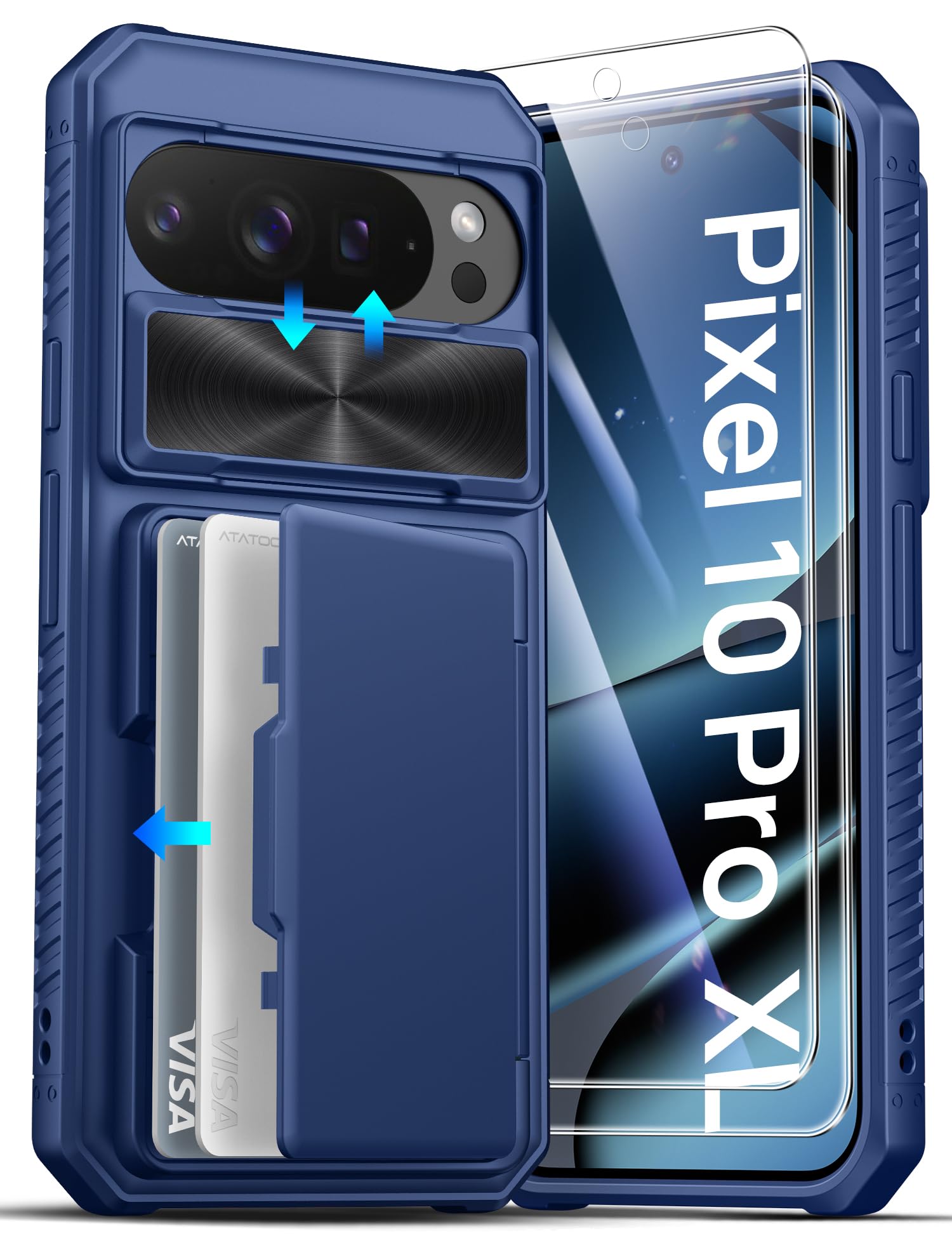 ATATOO for Google Pixel 10 Pro XL Case Wallet with HD Tempered Glass Screen Protector [2 Pack], Card Holder, Slide Camera Cover, Drop Protection, Hard Case for Google Pixel 10 Pro XL 6.8", Blue
