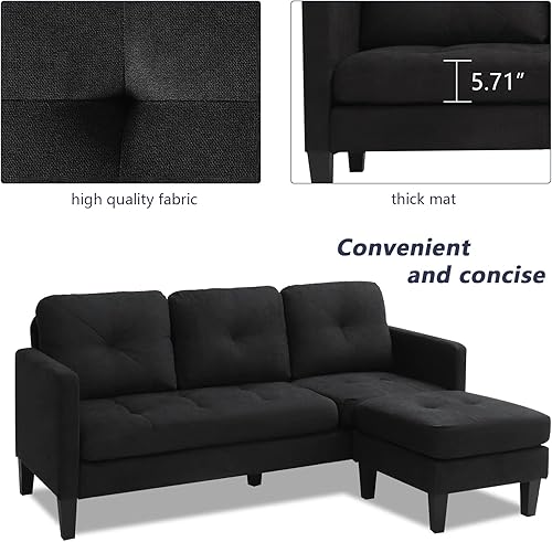Miniatura 3 de Grepatio Sofá modular convertible, sofá en forma de L de 3 asientos con tela de lino moderna para espacio pequeño y sala de estar (negro)