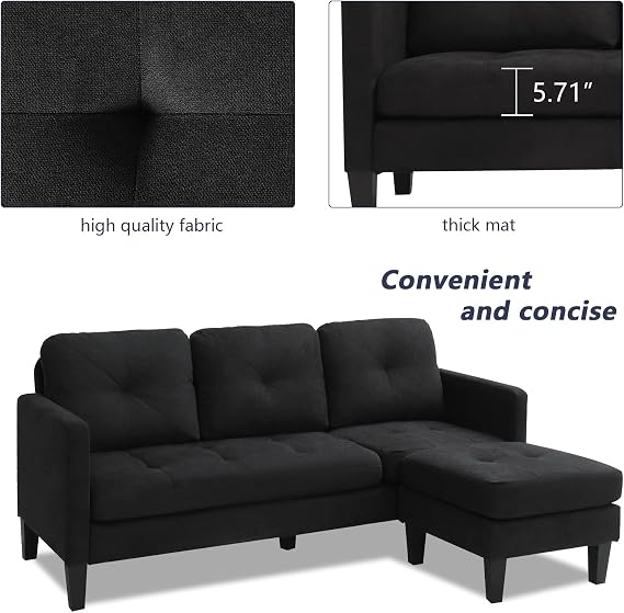 Grepatio Convertible Sectional Sofa Couch, 3 Seat L-Shaped Sofa Couch with Modern Linen Fabric for Small Space Living Room (Black)