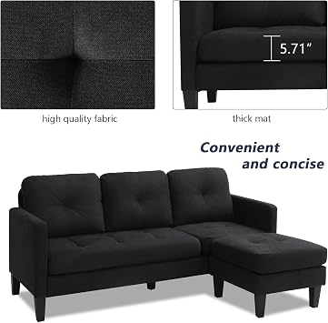 Grepatio Convertible Sectional Sofa Couch, 3 Seat L-Shaped Sofa Couch with Modern Linen Fabric for Small Space Living Room (Black)