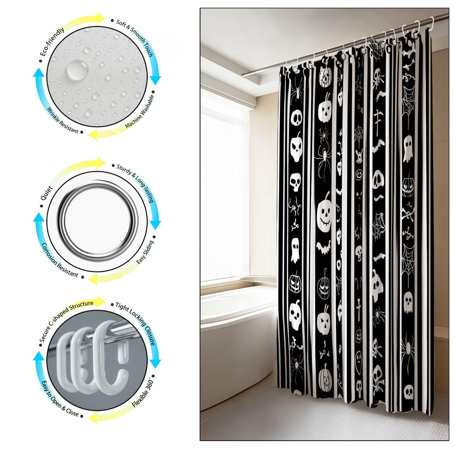 Generico Fantasia Tenda Da Doccia Silhouette Tema Halloween Nero Bianco, Tenda Da Doccia Per Bagno, Vasca Da Bagno, Tenda In Poliestere Impermeabile Con Ganci In Plastica, 180 x 200 cm
