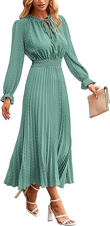 PRETTYGARDEN Women's 2026 Spring Fall Midi Dress Casual Long Sleeve V Neck Swiss Dot Pleated A Line Flowy Dresses