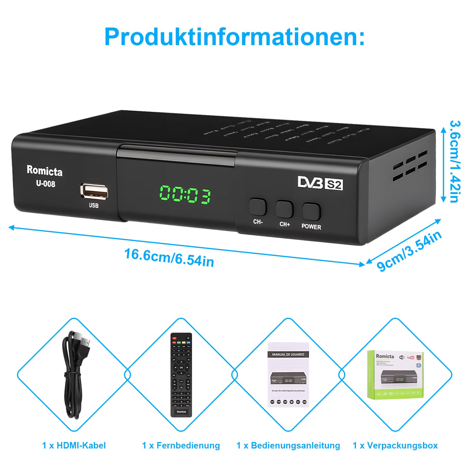 HD Receiver für Satelliten DVB-S/S2 PVR EPG SCART LAN USB Mediaplayer HDTV Schwarz