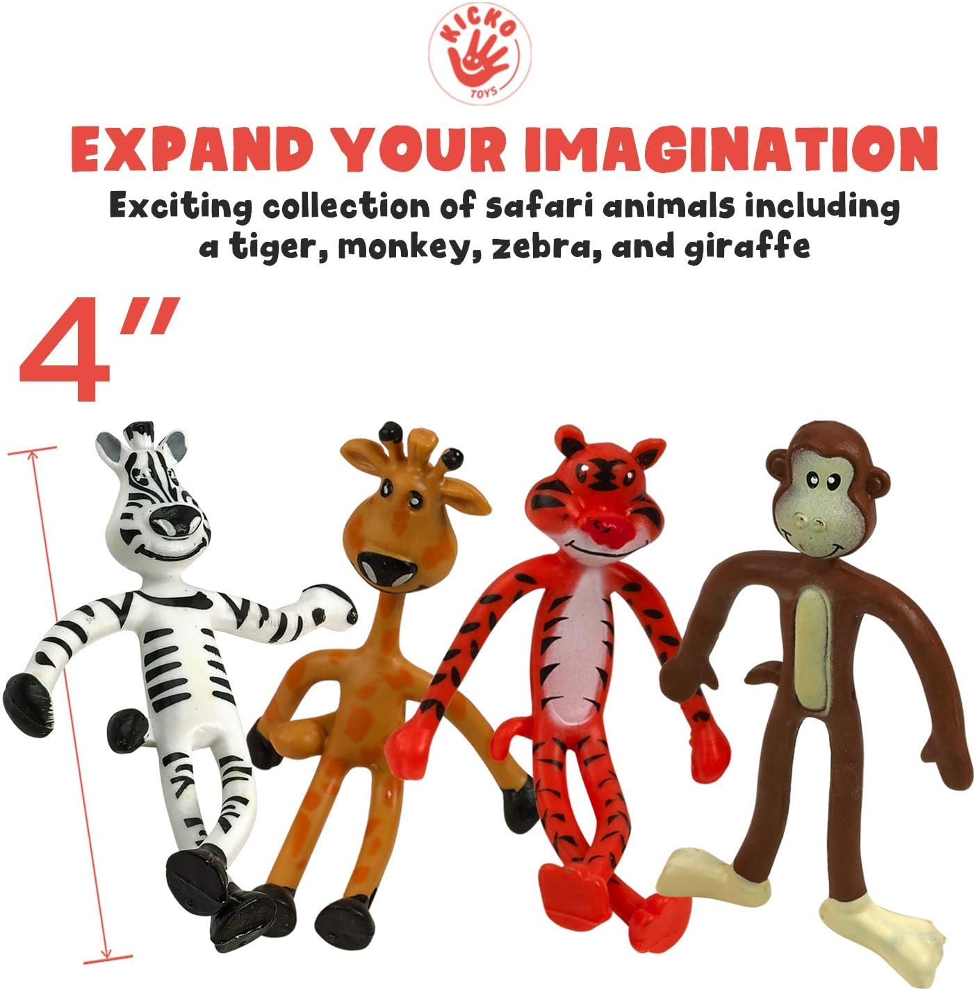 Kicko Bendable Toys - 12 Pack - 4 Inch Assorted Zoo Animals - for Stress Relief, Themed Parties, School Prizes, Birthday Gifts, Party Favors and Supplies