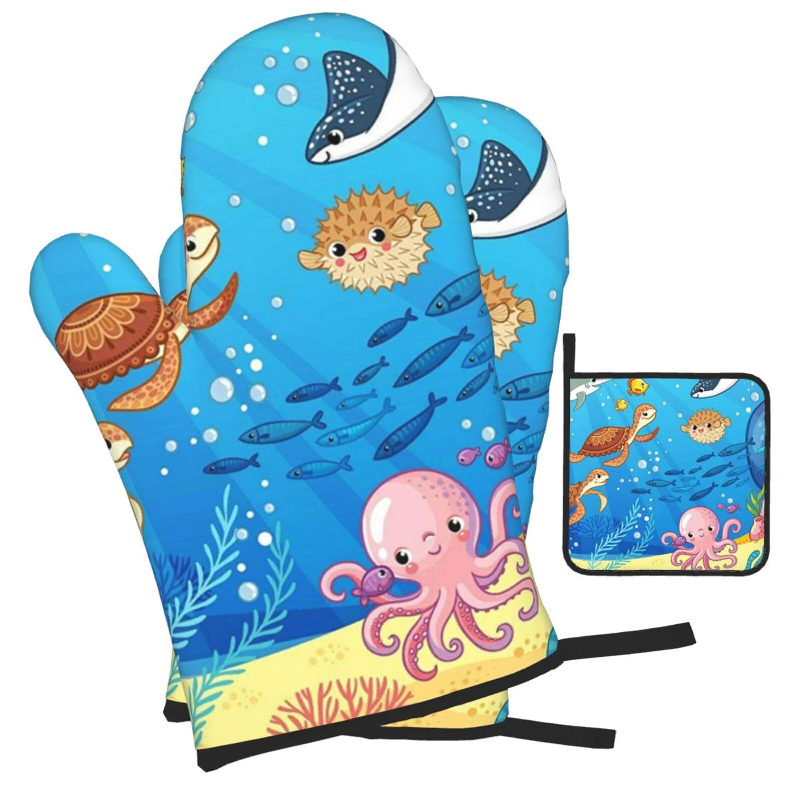 Underwater world fish dolphin Printed Oven Mitts and Pot Holders Heat Resistant Set of 3 Pcs, Modern Kitchen Gloves & Potholders for Cooking Baking Grilling