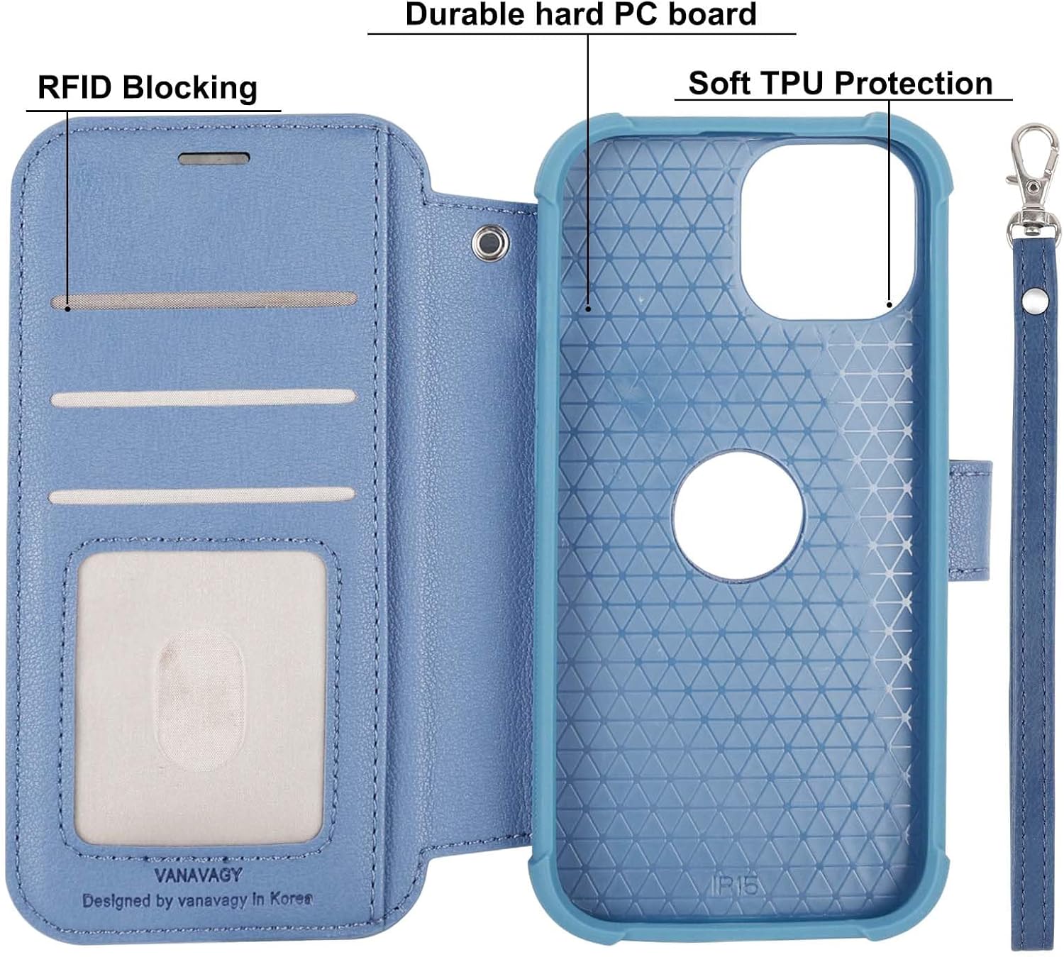 VANAVAGY Compatible for iPhone 15 Plus/14 Plus Wallet Case for Magsafe Wireless Charging, PU Leather Flip Folio Case [Screen Protector & Camera Cover] with Strap RFID Blocking Card Holder,Blue