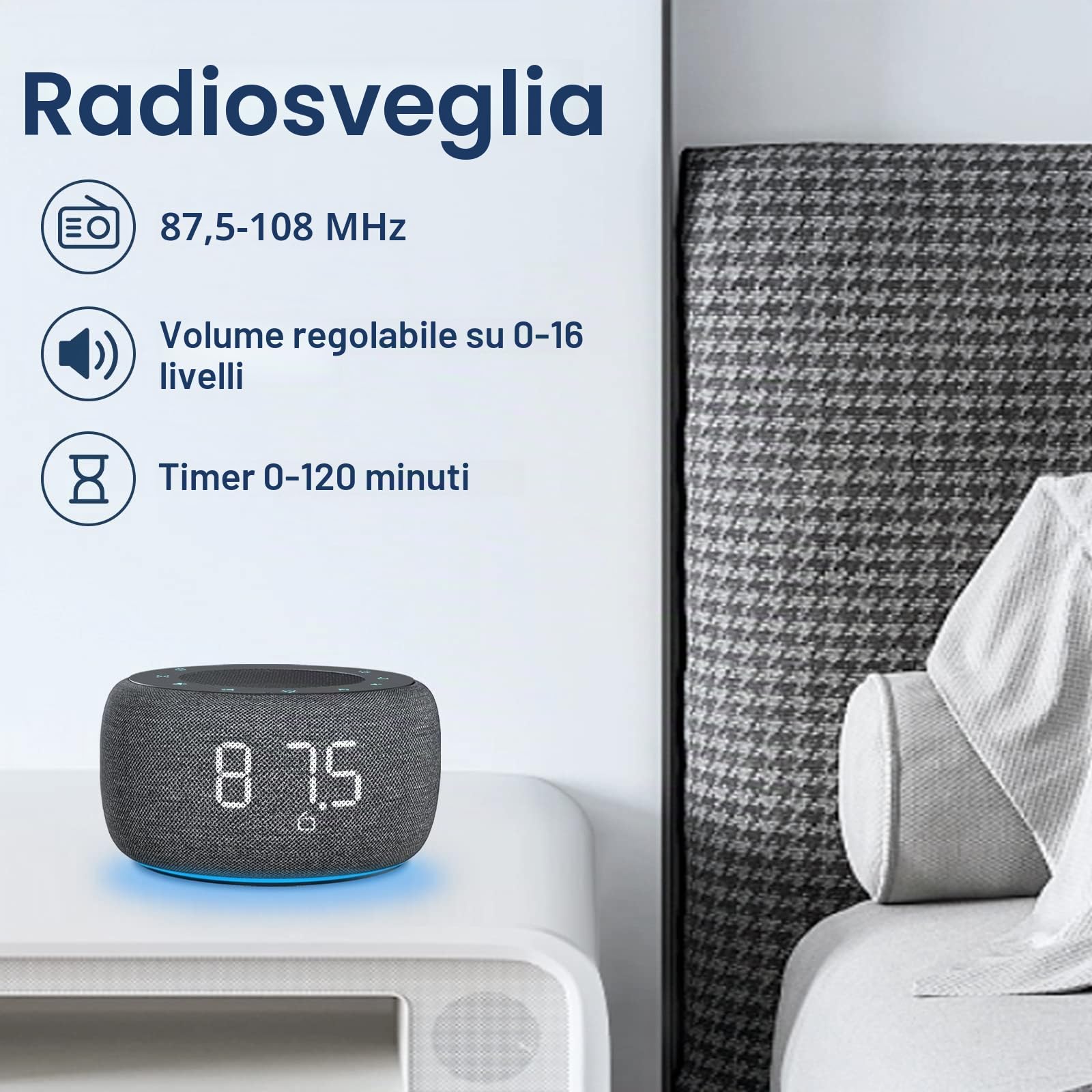 Buffbee Radiosveglia digitale per camera da letto – Luce notturna a 7 colori, qualità del suono ad alta fedeltà con altoparlante rivolto verso l'alto, 4 suoni, display Full Range Dimmer per comodino