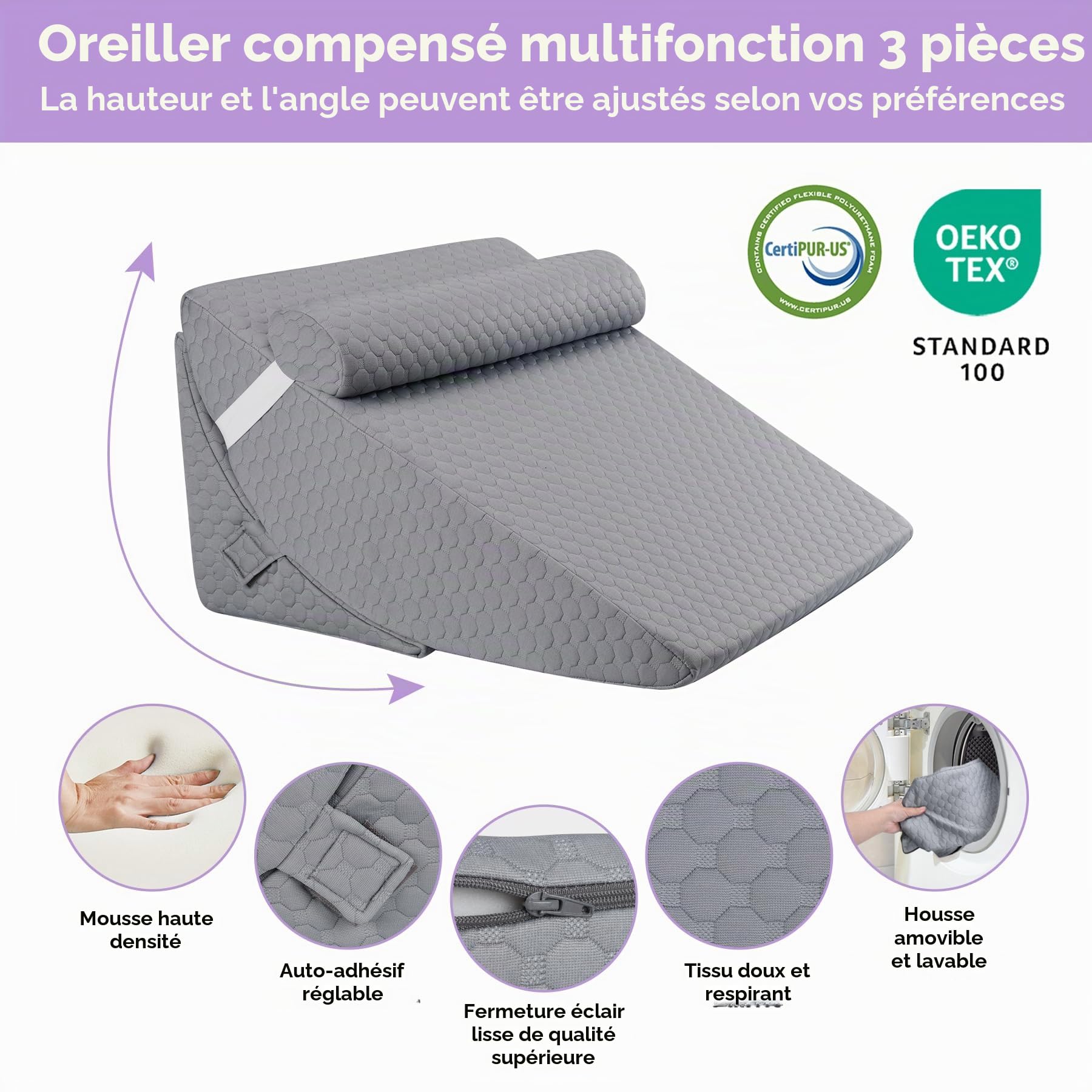 Babenest Oreiller de lit orthopédique en forme de coin, ensemble de 3 oreillers triangulaires avec appui-tête pour l'élévation des jambes, après chirurgie, reflux acide, soutien du dos, coussin