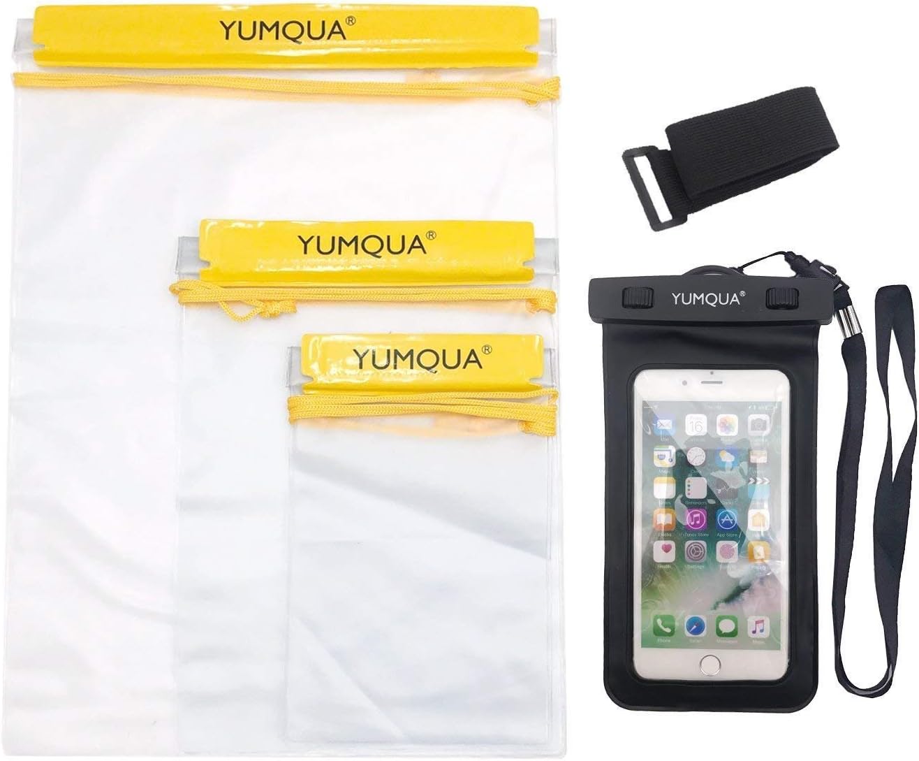YUMQUA Clear Waterproof bags, Water Tight Cases Pouch Dry Bags + Waterproof Phone Case with Armband For Camera Mobile Phone Maps Backpack Kayak Military Boat Oars Document Holder - 4 Piece Set