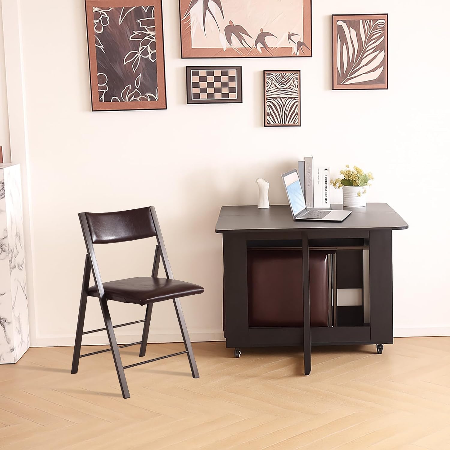 Folding Chairs with Cushion 2 Pack - Heavy Duty Steel Frame Foldable Dining Chairs, Waterproof Leather Indoor Outdoor Comfortable Folding Chairs for Home, Conference Rooms, Weddings, Events (Brown)