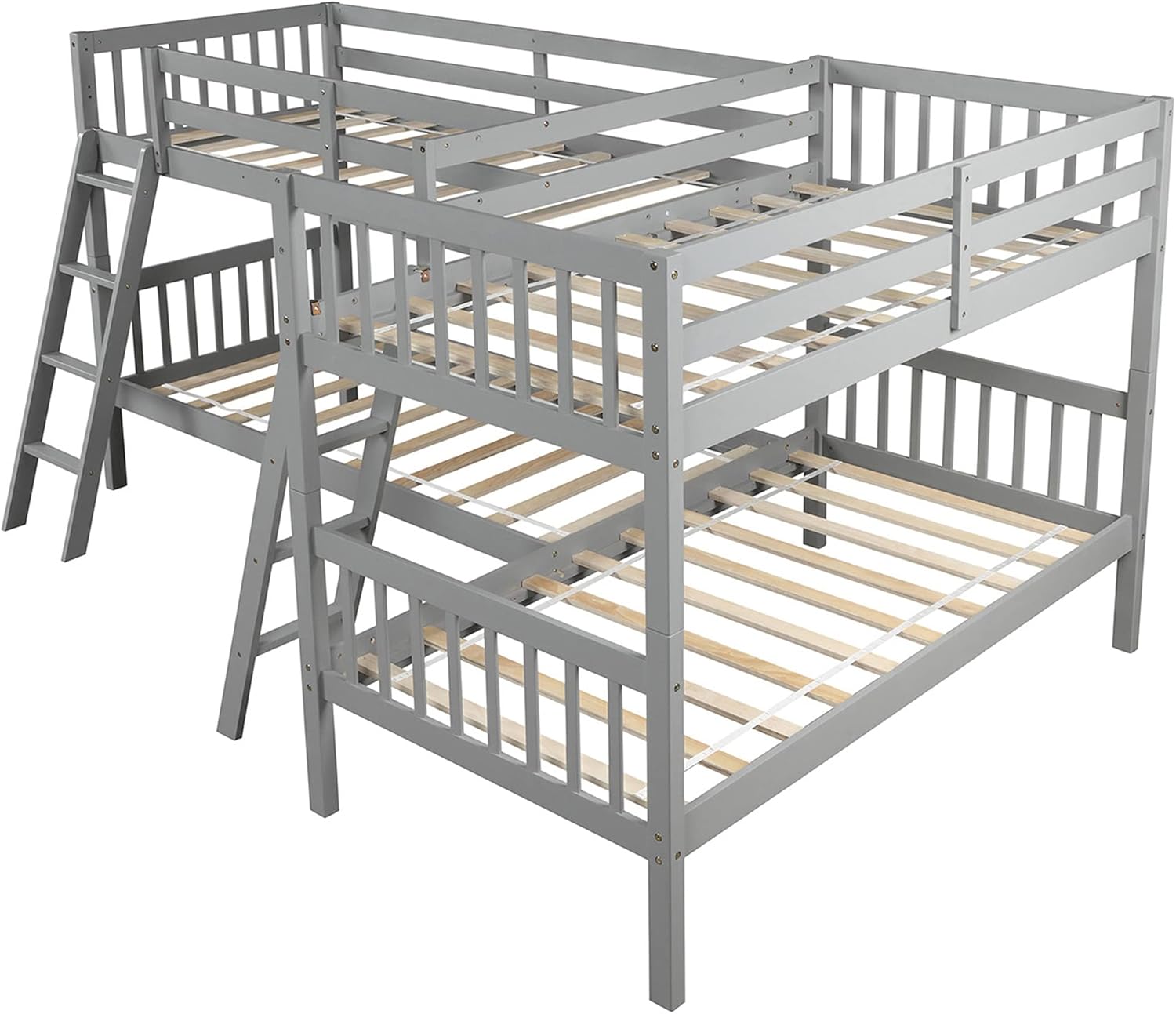 P PURLOVE Twin Over Twin Bunk Bed, L-Shaped Twin Size Bunk Bed Frame Wood Slat Support No Box Spring Needed (Gray)