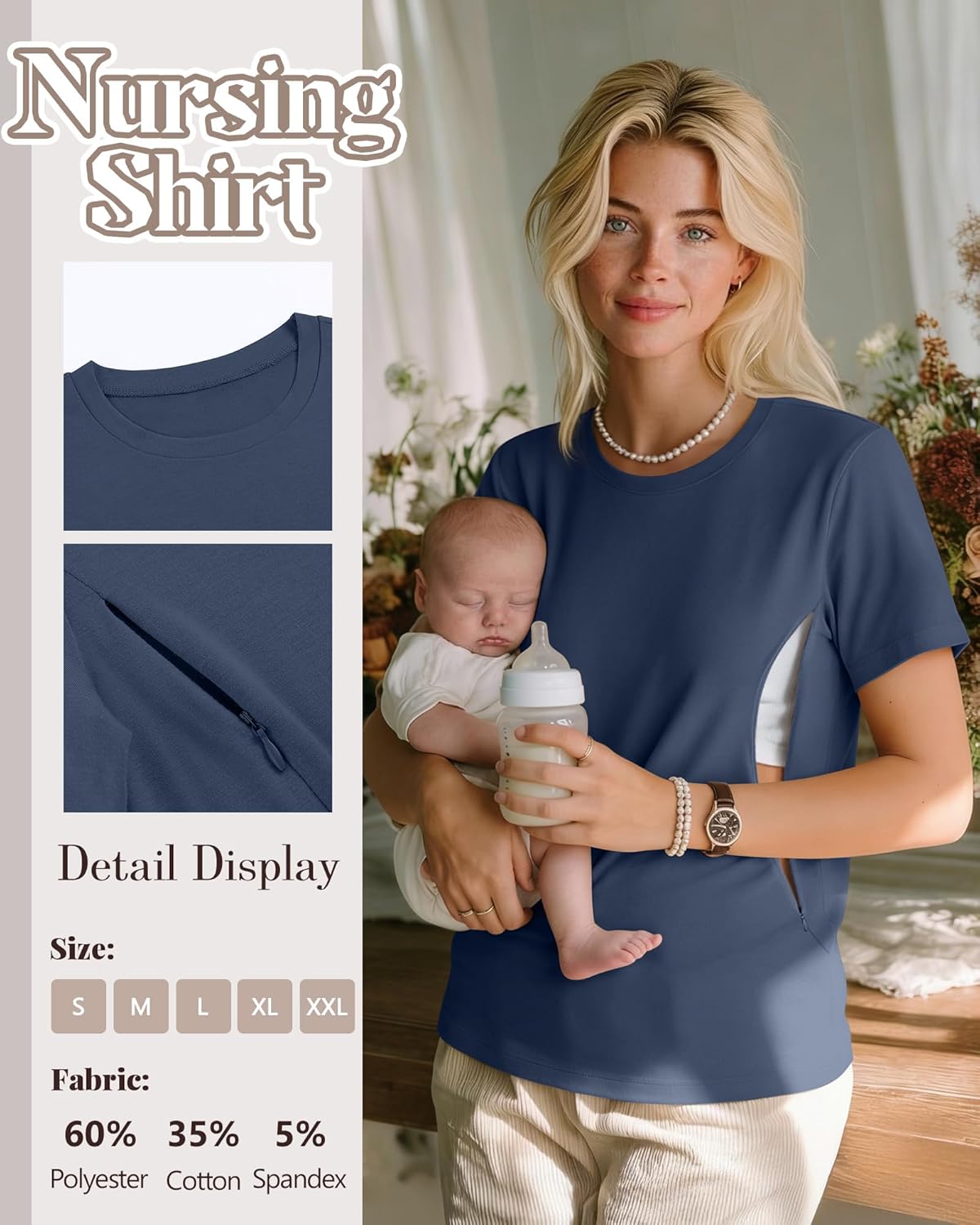 3 Pack Women's Maternity Nursing Shirt for Breastfeeding Hidden Zipper Short Sleeve Crew Neck Pregnancy Top - Image 3