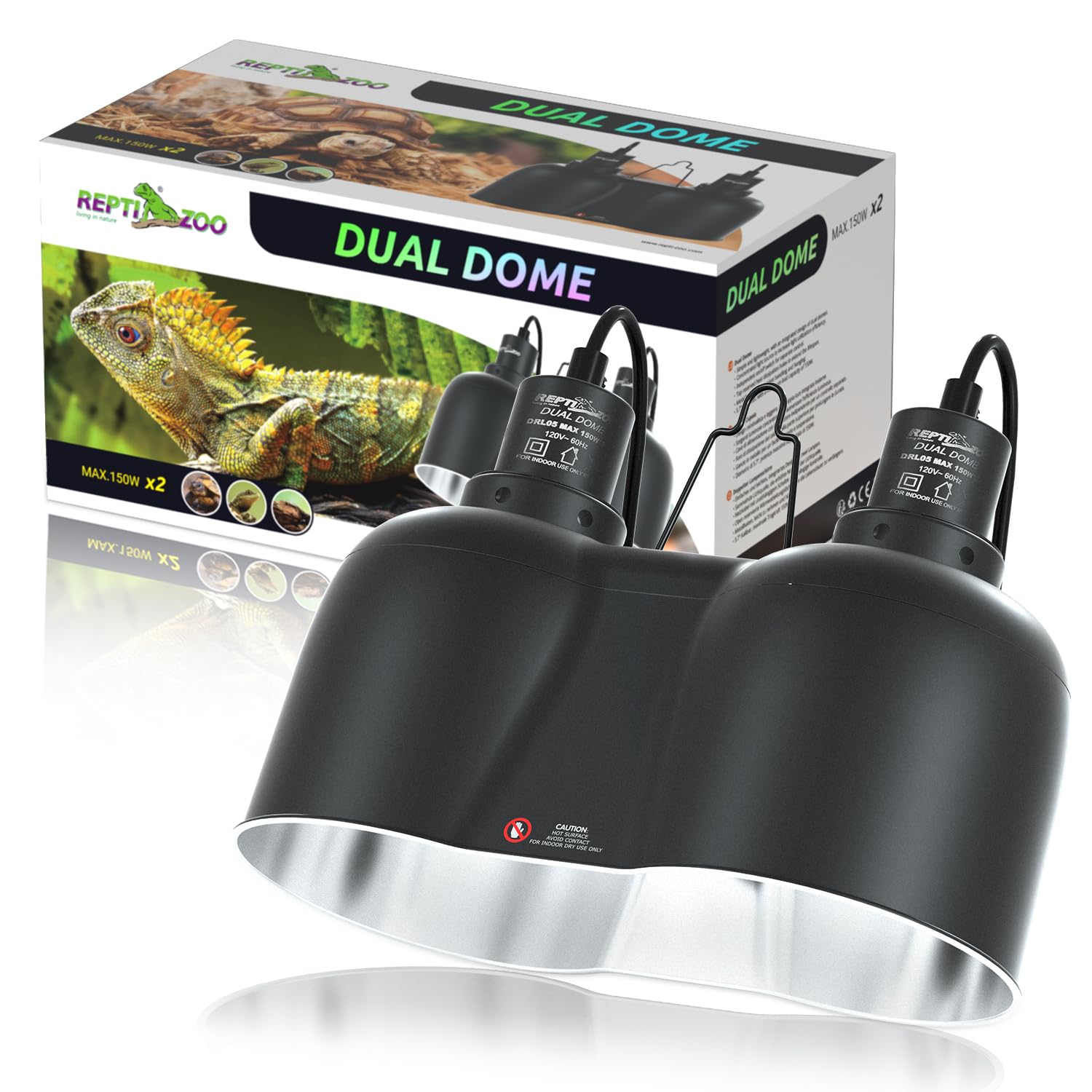 REPTI ZOO Dual Reptile Light Fixture, Max 150W Dual Dome Heat Lamp Fixture with Independent Switches Reptile Tank Accessories UVB Light Fixture (Bulb Not Included)
