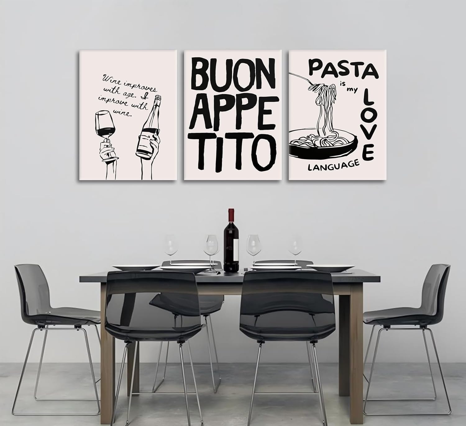 3Pcs Vintage Kitchen Canvas Wall Art Funny Food Wine Pasta Print Painting Picture Wall Decor Bar Cart Print Poster Print Artwork for Bar Livingroom Kitchen Home Decoration, Framed - Image 4