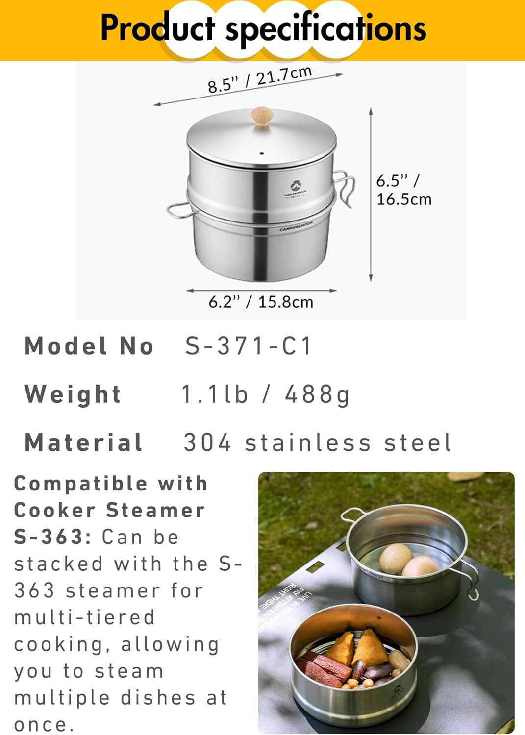 CAMPINGMOON 2-Tier Camping Pot Steamer Set 6.2 inch Wide Mouth 304 Stainless Steel Noodle Cooker Fits Whole Shin Ramyun Cakes One-Piece Seamless Stackable Cookware w Lid Mesh Bag S371-C1