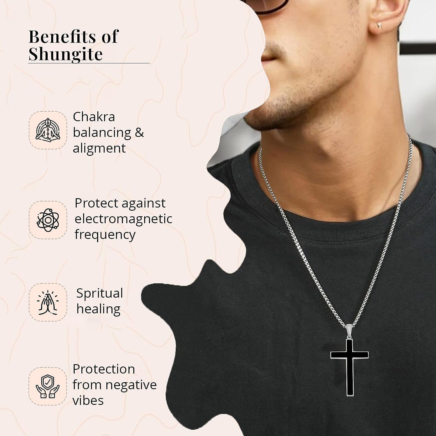 SHOP LC DELIVERING JOY Healing Pain Relief Black Shungite Inlay Cross Pendant Necklace size 24" Stainless Steel Catholic Faith Christian Religious Birthday Jewelry Birthday Christmas Gifts for Women