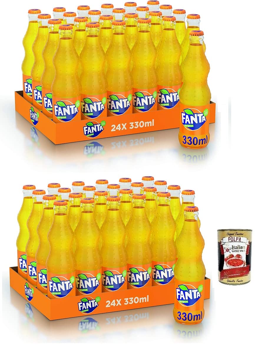 Italian Gourmet Fanta Aranciata bevanda frizzante mit Saft Glas 48 x 33cl | Kohlensäurehaltig und orangefarben, bibita dolce in Einwegflaschen, ideal, Gesamtnettogewicht 15,84 L + Kostenlos Polpa 400g