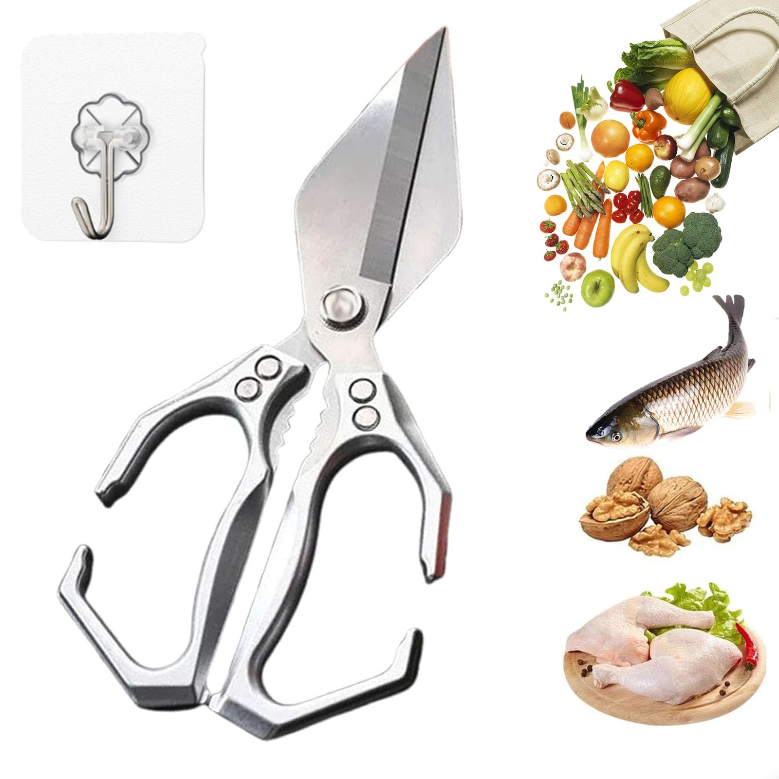 2025 Nuevas tijeras de cocina de servicio pesado multifuncional de Seattleget, tijeras de acero inoxidable 3CR13, con mango ergonómico, para cortar carne, verduras y nueces (E)