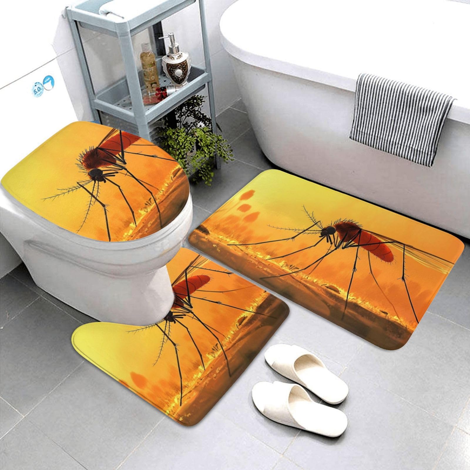 Lot de 3 tapis de bain en mousse à mémoire de forme doux et absorbants en forme de U avec motif de moustique orange, séchage rapide