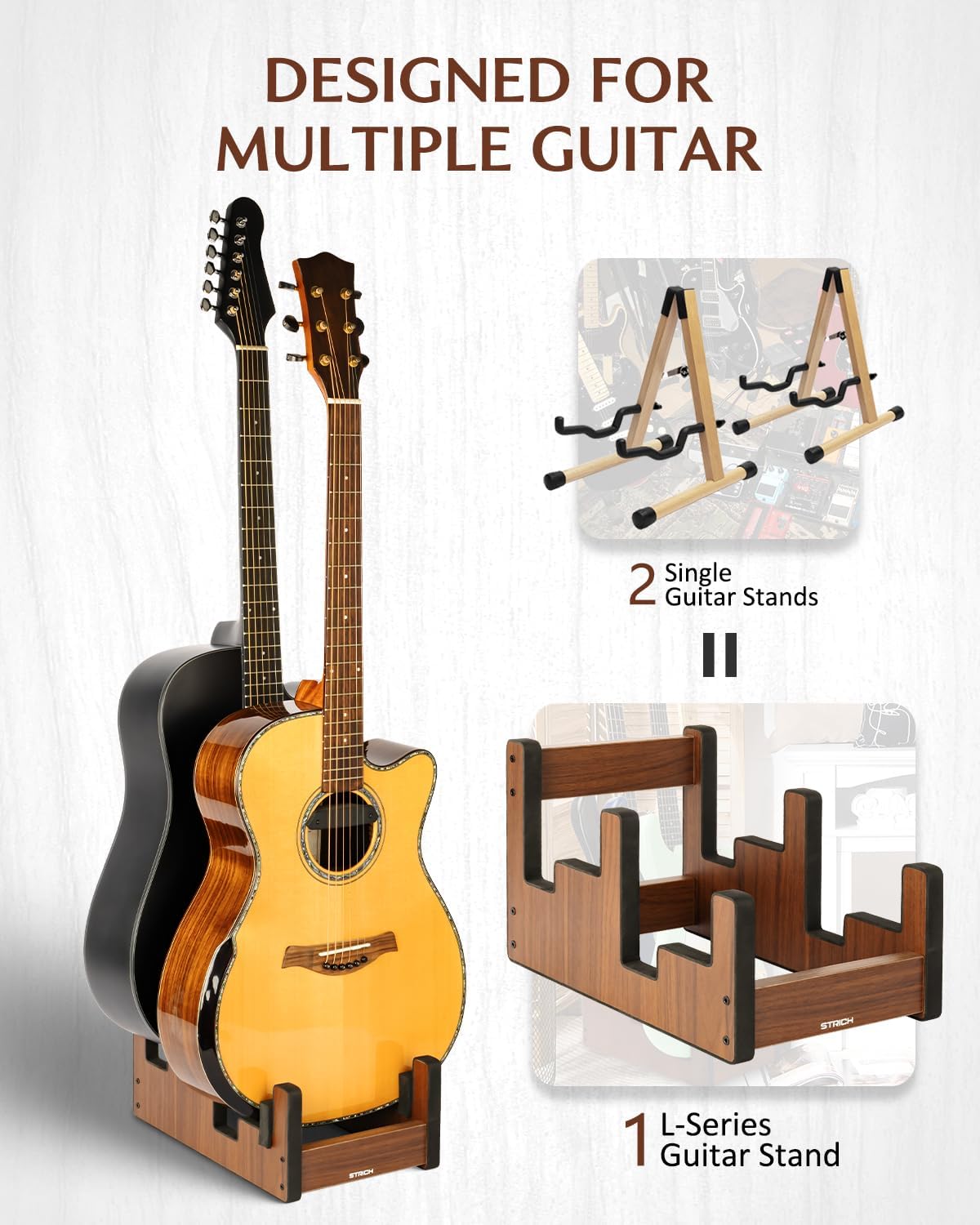 STRICH Wooden Guitar Stand for Multiple Guitars, 2-Holder, Front Display Space-Saving Floor Guitar Rack for Home, Studio, Stage, Walnut Color, L-2AW (For 2 Acoustic)